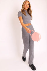 Grey Knit High Neck Crop Top and Trouser Co-ord - Helena