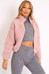 Dusty Pink Zip Front Teddy Jacket - Elena