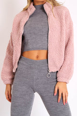Dusty Pink Zip Front Teddy Jacket - Elena