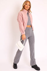 Dusty Pink Zip Front Teddy Jacket - Elena