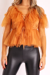 Mustard Tulle Ruffle Mesh Long Sleeve Tie Front Top - Abbi