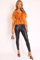 Mustard Tulle Ruffle Mesh Long Sleeve Tie Front Top - Abbi