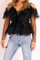 Black Tulle Ruffle Mesh Long Sleeve Tie Front Top - Abbi