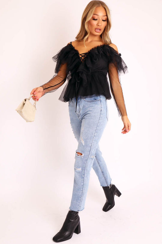 Black Tulle Ruffle Mesh Long Sleeve Tie Front Top - Abbi