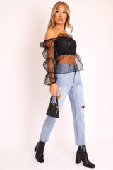 Black Organza Square Neck Puff Sleeve Top - Inza
