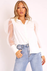 White Button Front Sheer Long Sleeve Shirt - Fay