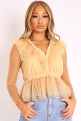 Nude Plunge Tulle Ruffle Mesh Polka Sleeves Top - Dalis