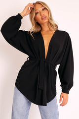 Black Plunge Belted Blouse - Goldie