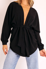 Black Plunge Belted Blouse - Goldie