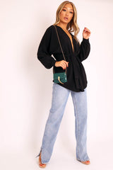 Black Plunge Belted Blouse - Goldie