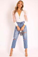 White Zip Front Sheer Puff Sleeves Bodysuit - Vylet