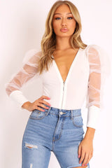 White Zip Front Sheer Puff Sleeves Bodysuit - Vylet