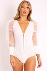 White Zip Front Sheer Puff Sleeves Bodysuit - Vylet