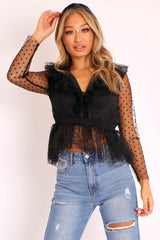 Black Plunge Tulle Ruffle Mesh Polka Sleeves Top - Dalis