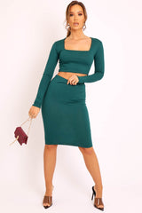 Emerald Ribbed Square Neck Top and Midi Skirt Co-ord - Tiera