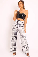 White Newspaper Print Straight Leg Trousers - Lawryn