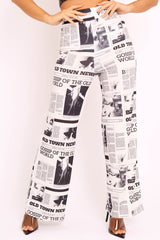White Newspaper Print Straight Leg Trousers - Lawryn
