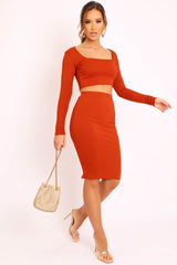 Rust Ribbed Square Neck Top and Midi Skirt Co-ord - Tiera