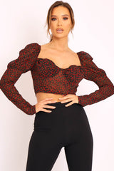 Black Red Floral Print Puff Sleeve Milkmaid Crop Top - Caddie