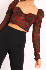Black Red Floral Print Puff Sleeve Milkmaid Crop Top - Caddie