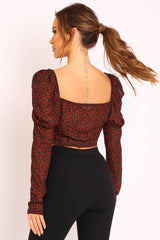 Black Red Floral Print Puff Sleeve Milkmaid Crop Top - Caddie