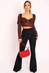 Black Red Floral Print Puff Sleeve Milkmaid Crop Top - Caddie