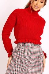 Red Ruffle Hem Chunky Knit Crop Jumper - Alannah