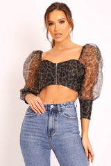 Khaki Leopard Mesh Puff Sleeve Crop Top - Miri