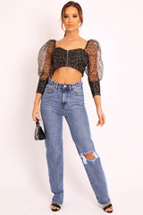 Khaki Leopard Mesh Puff Sleeve Crop Top - Miri