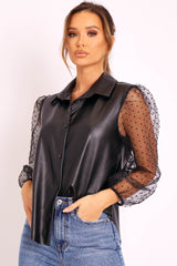 Black Faux Leather Swiss Dot Organza Sleeve Shirt - Roe