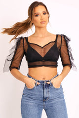 Black Mesh Frill Sleeve Plunge Crop Top - Faythe