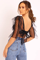 Black Mesh Frill Sleeve Plunge Crop Top - Faythe