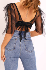 Black Mesh Frill Sleeve Plunge Crop Top - Faythe