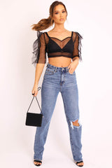 Black Mesh Frill Sleeve Plunge Crop Top - Faythe