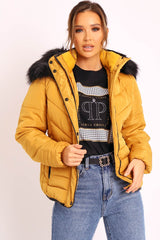 Mustard Fur Trim Quilted Puffer Coat - Lania