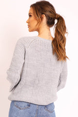 Grey Cable Knit Balloon Sleeve Jumper - Elicia