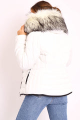 White Fur Trim Quilted Puffer Coat - Lania