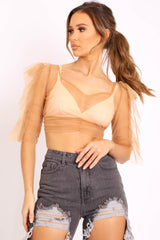 Camel Mesh Frill Sleeve Plunge Crop Top - Faythe