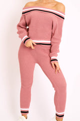 Pink Knitted Bardot Jumper Legging Loungewear Co-ord - Neala