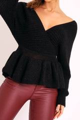 Black Knitted Wrap Front Plunge Peplum Jumper - Samara