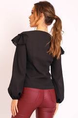 Black Ruffle Plunge Blouse - Leonie