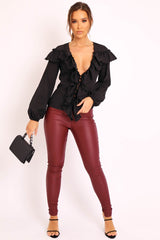 Black Ruffle Plunge Blouse - Leonie