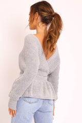 Grey Knitted Wrap Front Plunge Peplum Jumper - Samara