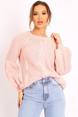 Pink Cable Knit Balloon Sleeve Jumper - Elicia