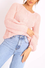 Pink Cable Knit Balloon Sleeve Jumper - Elicia