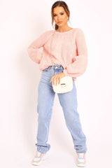Pink Cable Knit Balloon Sleeve Jumper - Elicia