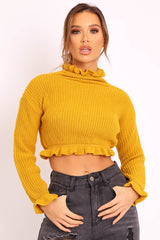 Mustard Ruffle Hem Chunky Knit Crop Jumper - Alannah