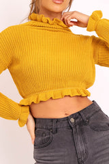 Mustard Ruffle Hem Chunky Knit Crop Jumper - Alannah