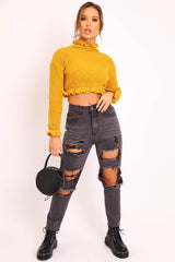 Mustard Ruffle Hem Chunky Knit Crop Jumper - Alannah