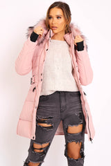 Dusty Pink Adjustable Waist Longline Puffer Coat - Zofia